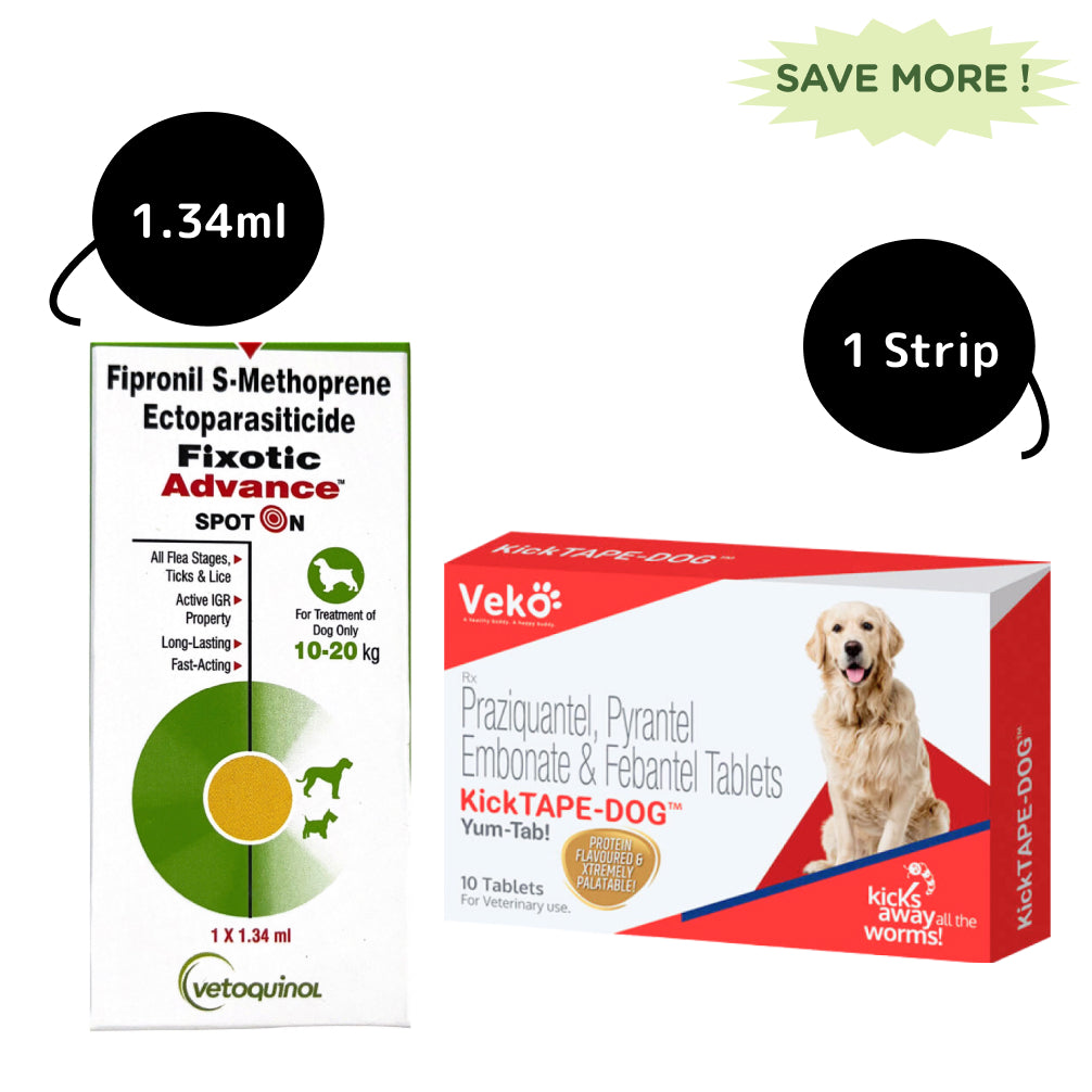 Vetoquinol Fixotic Advance 10 to 20kg Spoton and Veko Kicktape Dog Deworming Tablet Combo
