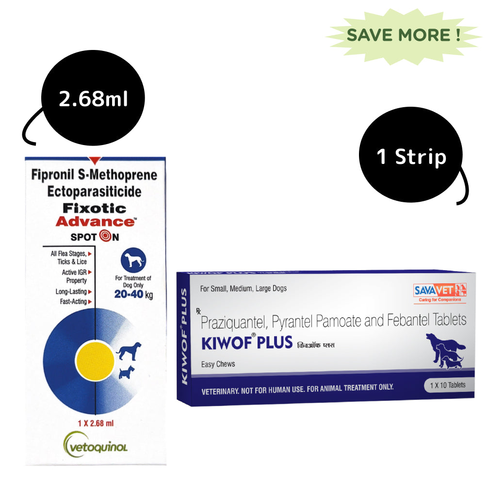 Vetoquinol Fixotic Advance 20 to 40kg Spoton and Savavet Kiwof Plus Dog Deworming Tablet Combo Dogs-Pharmacy Exclusive Combo 20-40kg(2.68ml) + 1 Strip (10 tablets)