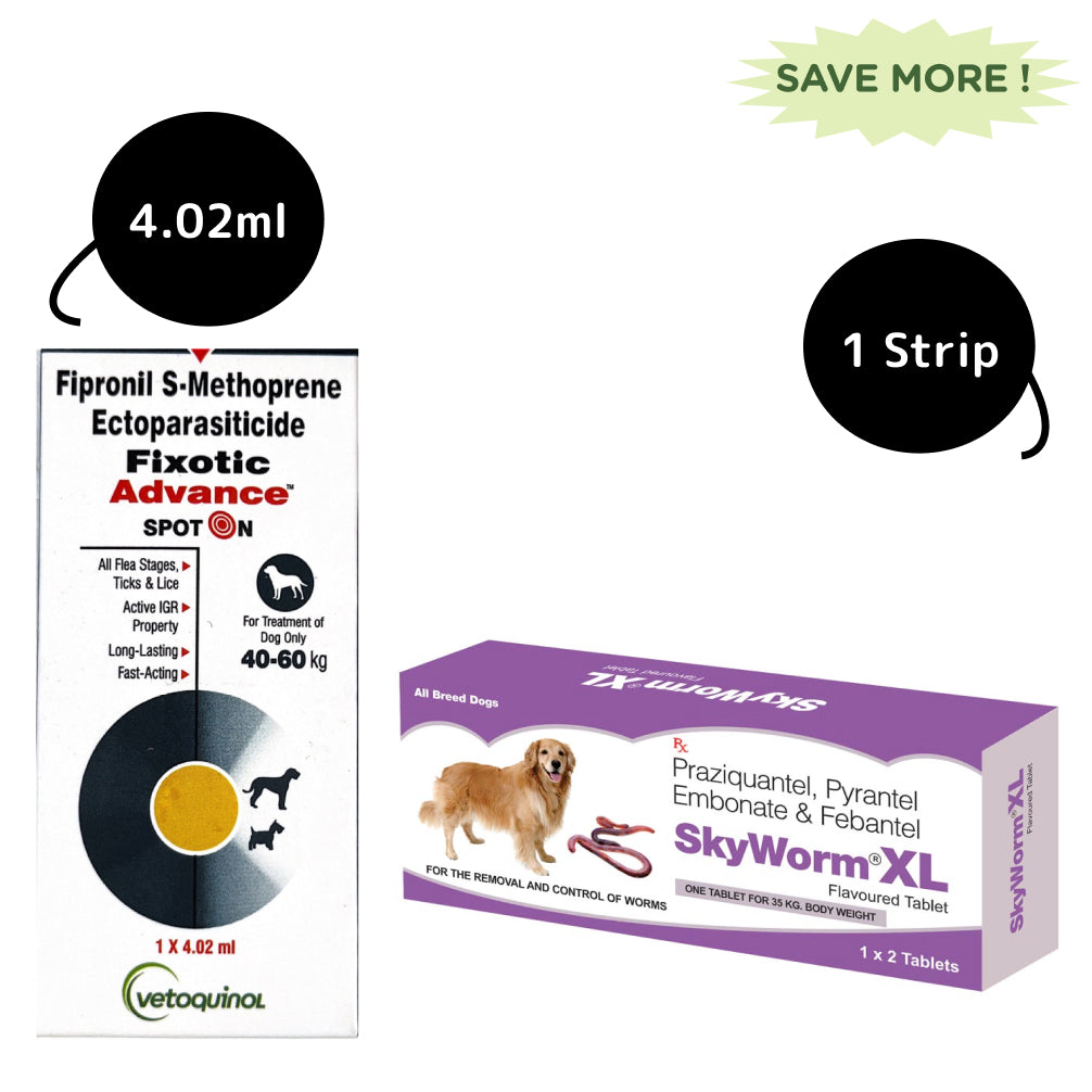 Vetoquinol Fixotic Advance 40 to 60kg Spoton and Skyec Skyworm XL Dog Deworming Tablet Combo