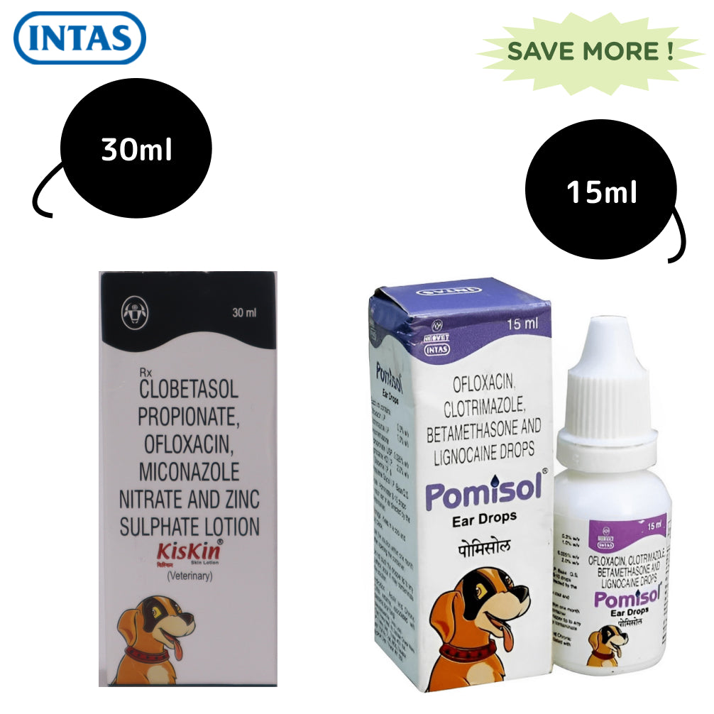 Intas Pomisol Ear Drops (15ml) and Kiskin Lotion (30ml) for Dogs & Cats Combo Both-Pharmacy Intas Pharmacy 30mL+15mL