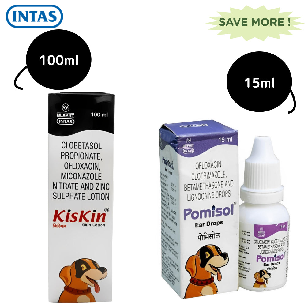 Intas Pomisol Ear Drops (15ml) and Kiskin Lotion (100ml) for Dogs & Cats Combo Both-Pharmacy Intas Pharmacy 100mL+15mL