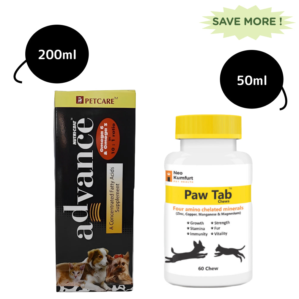 Petcare Nutricoat Advance Syrup (200g) and Neo Kumfurt Pawtab Chews (60 tablets) Hairfall Remedy Combo