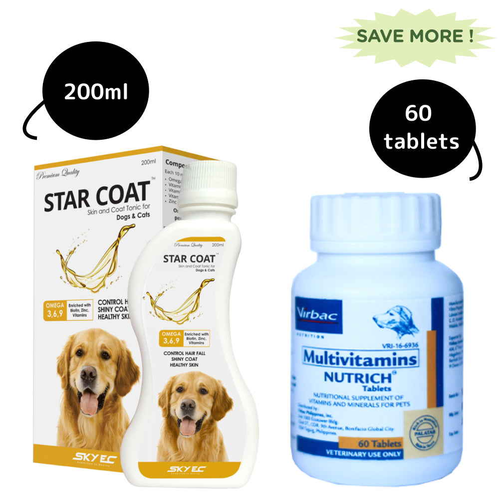 Skyec Star Coat Syrup (200ml) and Virbac Nutrich Multi Vitamin Tablets (60 tablets) Hairfall Remedy Combo
