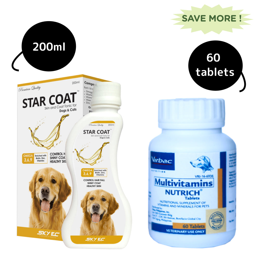 Skyec Star Coat Syrup (200ml) and Virbac Nutrich Multi Vitamin Tablets (60 tablets) Hairfall Remedy Combo Both-Pharmacy Exclusive Combo 200mL + 60 Tablets