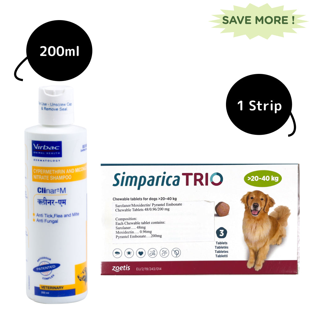 Zoetis Simparica Trio Tablet (20-40 kg) and Virbac Clinar M Shampoo Tick & Flea Control Combo for Dogs Dogs-Pharmacy Exclusive Combo 1 strip(3 tablets) + 200mL