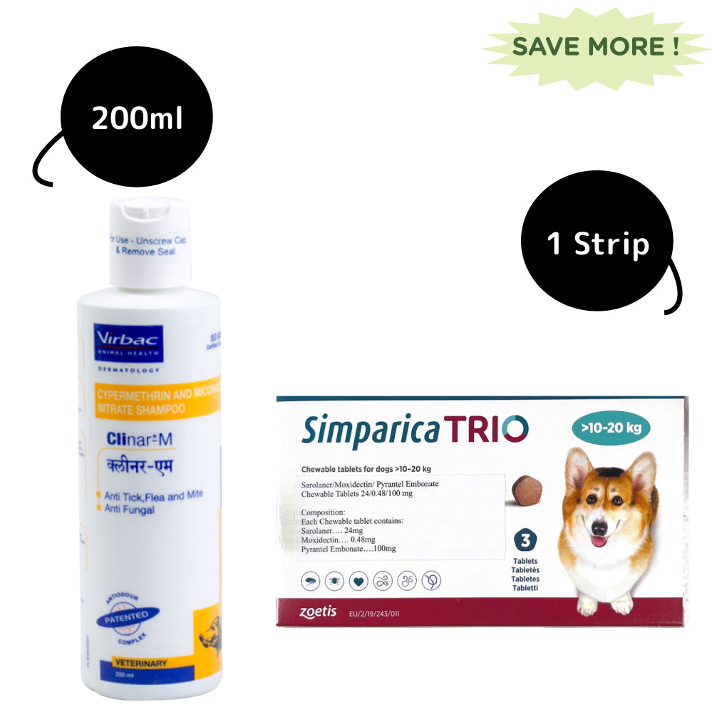 Zoetis Simparica Trio Tablet (10-20 kg) and Virbac Clinar M Shampoo Tick & Flea Control Combo for Dogs Dogs-Pharmacy Exclusive Combo 1 strip(3 tablets) + 200mL