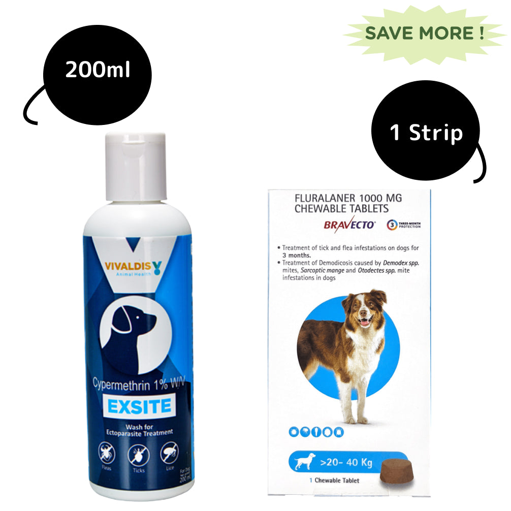 MSD Animal Health Bravecto Tablet (20-40 kg) and Vivaldis Exsite Dog Shampoo Tick & flea Control Combo