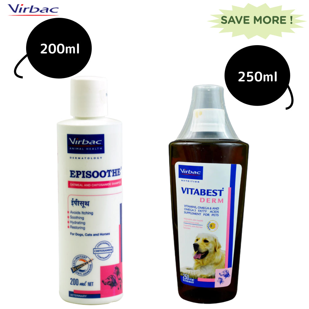 Virbac Episoothe Oatmeal Shampoo (200ml) and Vitabest Derm Omega 3 + 6 Syrup (250ml) Combo