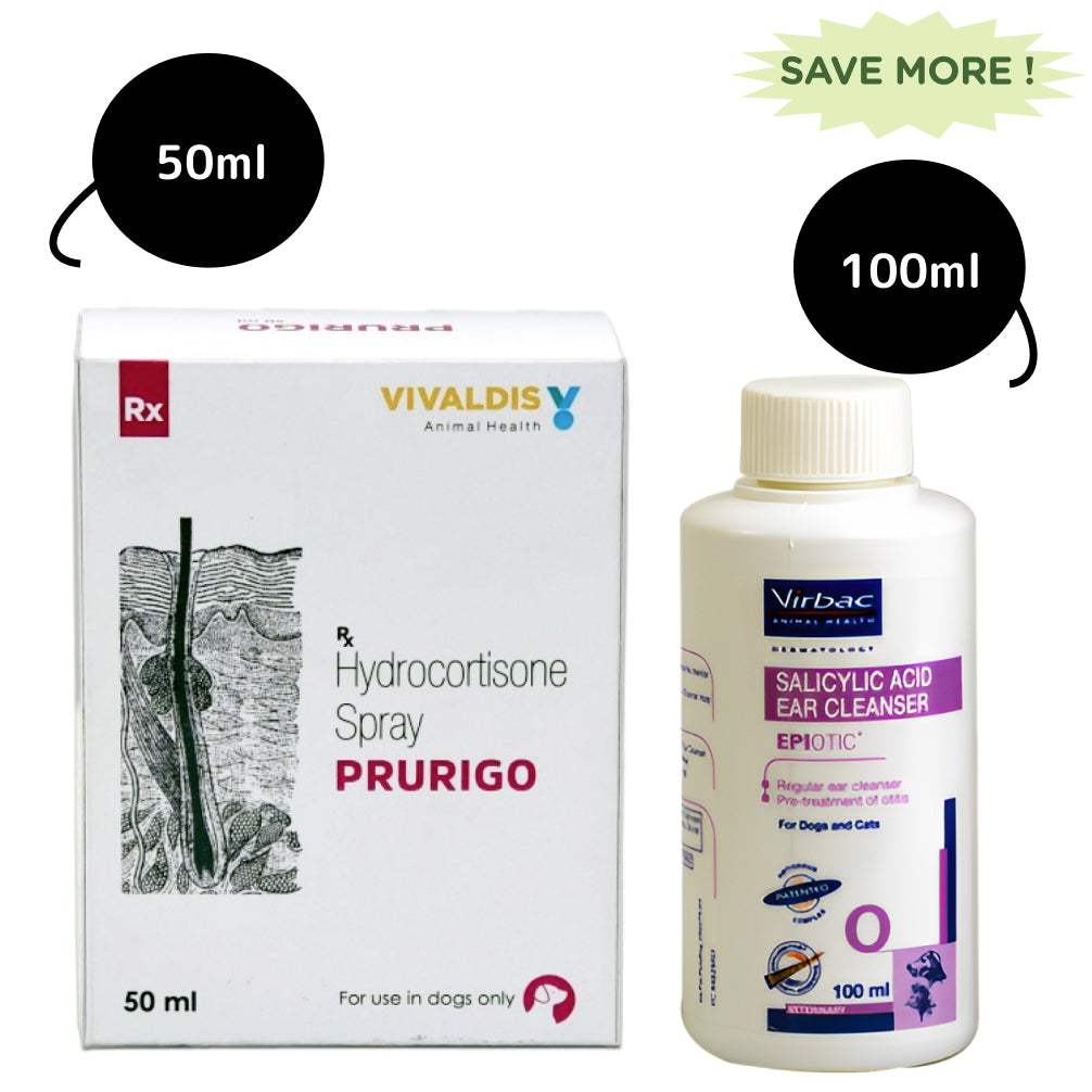 Virbac Epiotic Ear Cleanser (100ml) and Vivaldis Prurigo Spray (50ml) Combo Dogs-Pharmacy Exclusive Combo 100ml + 50ml