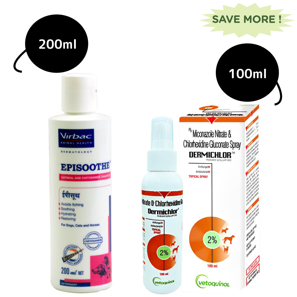 Virbac Episoothe Oatmeal Shampoo (200ml) and Vetoquinol Dermichlor Spray (100ml) Combo