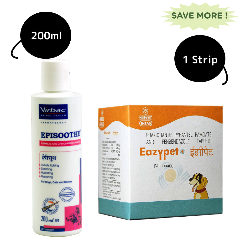 Virbac Episoothe Oatmeal Shampoo (200ml) and Intas Eazypet Dog Deworming Tablet Combo