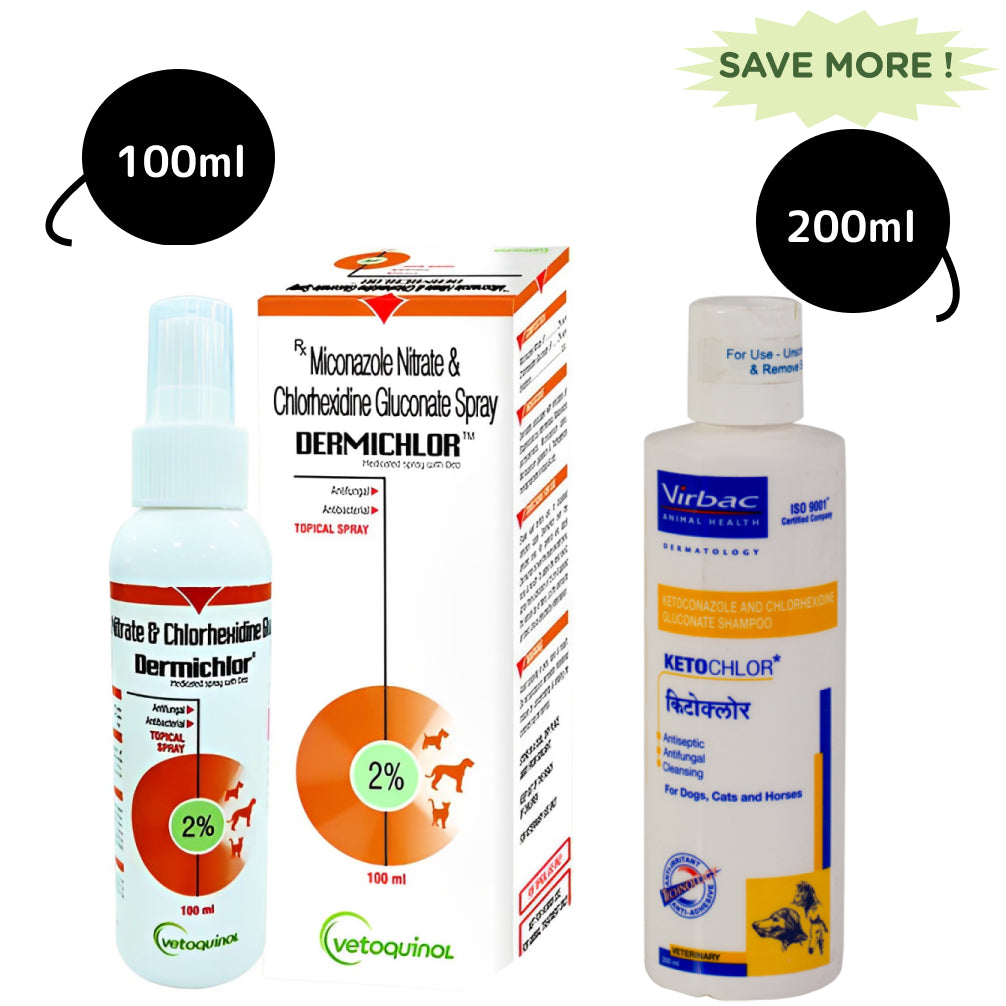 Vetoquinol Dermichlor Antibacterial Antifungal Spray (100ml) and Virbac Ketochlor Shampoo (200ml) Combo Both-Pharmacy Exclusive Combo 100ml+200ml