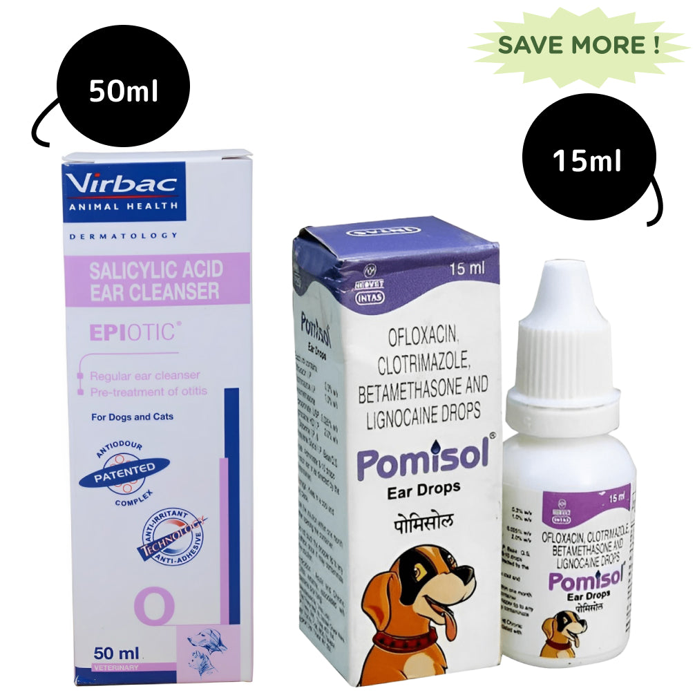 Intas Pomisol Ear Drops (15ml) and Virbac Epiotic Ear Cleanser for Dogs & Cats (50ml) Combo Both-Pharmacy Exclusive Combo 15ml+50ml