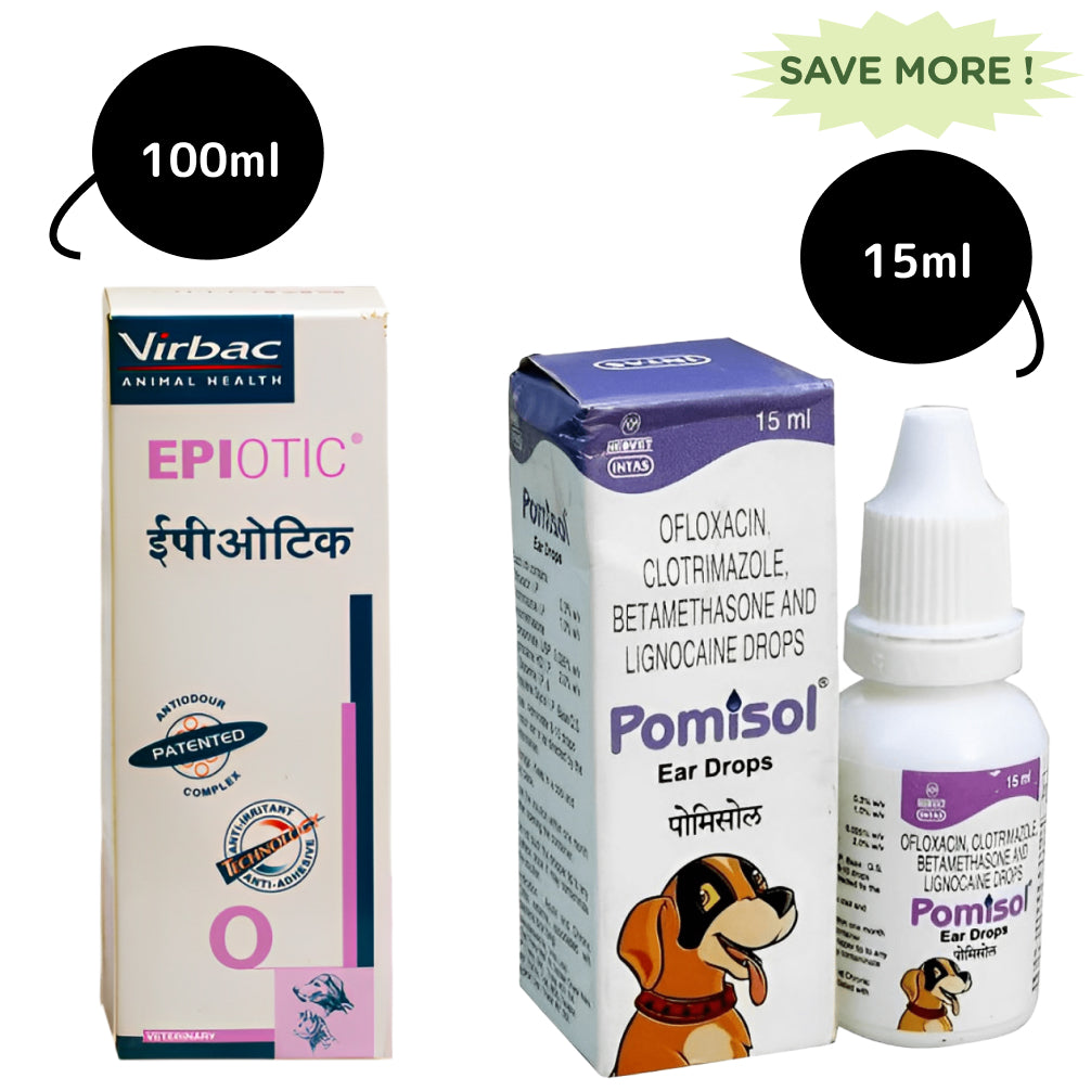 Intas Pomisol Ear Drops (15ml) and Virbac Epiotic Ear Cleanser for Dogs & Cats (100ml) Combo Both-Pharmacy Exclusive Combo 15ml+100ml