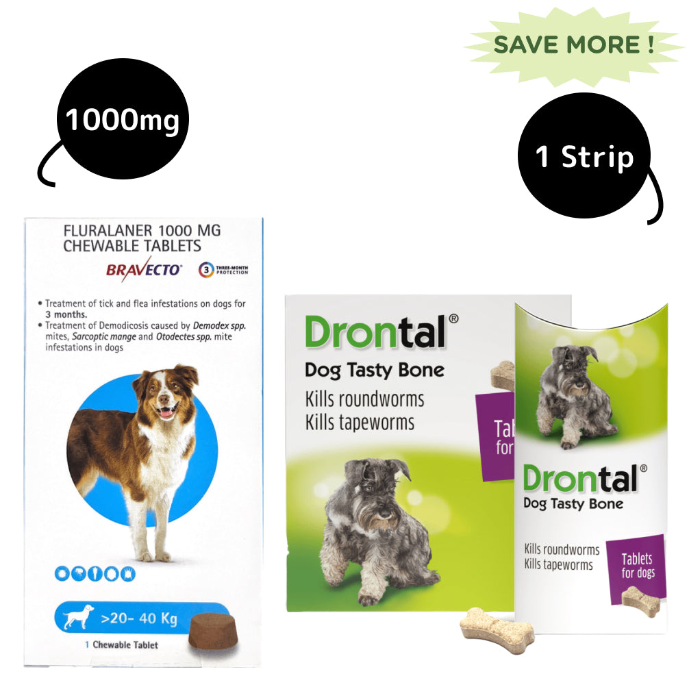 Drontal Plus Tasty Deworming Tablet (pack of 6 tablets) and MSD Animal Health Bravecto (20-40kg) Combo Dogs-Pharmacy Exclusive Combo 1 Strip (6 tablets) + 20-40kg (1 tablet)