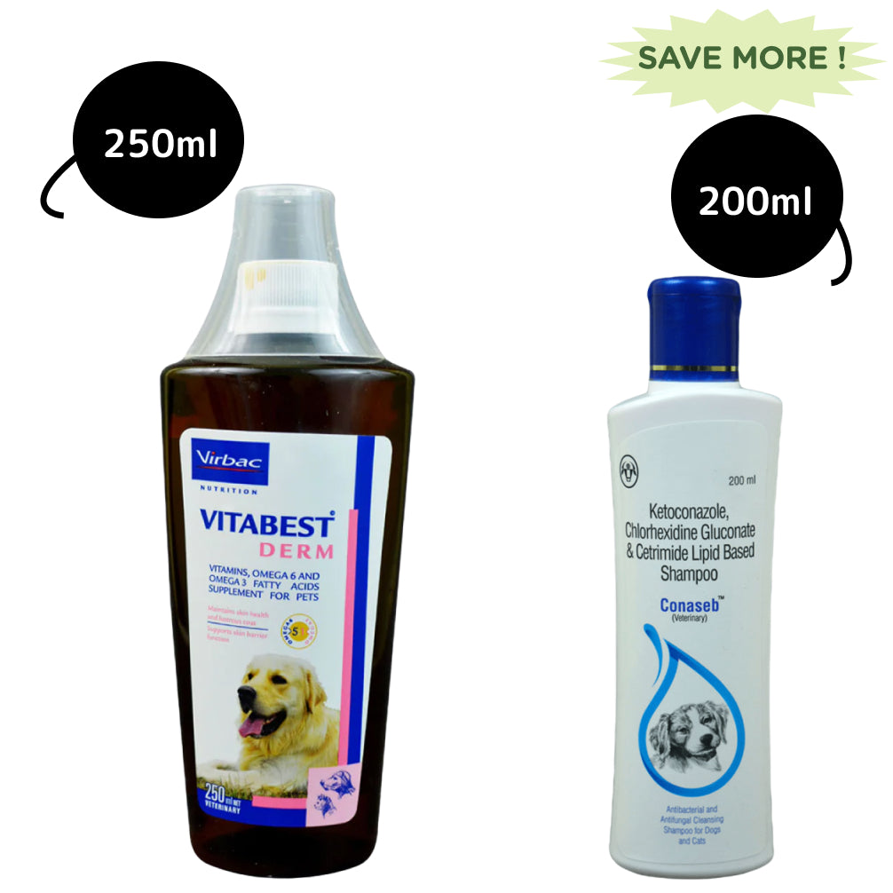 Virbac Vitabest Derm Omega 3+6 Syrup (250ml) and Intas Conaseb Shampoo (200ml) for Dogs & Cats Combo Both-Pharmacy Exclusive Combo 250ml+200ml