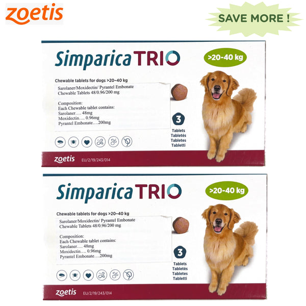 Zoetis Simparica Trio (Sarolaner) 20-40kg Tick & Flea Control Tablet Combo for Dogs(3+3 tablets)