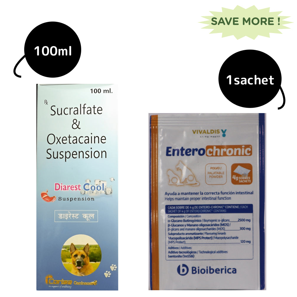 Corise Diarest Cool Syrup (100ml) and Vivaldis Entero Chronic Powder for Dogs & Cats (1 Sachet) Combo Both-Pharmacy Exclusive Combo 100ml+1 Sachet