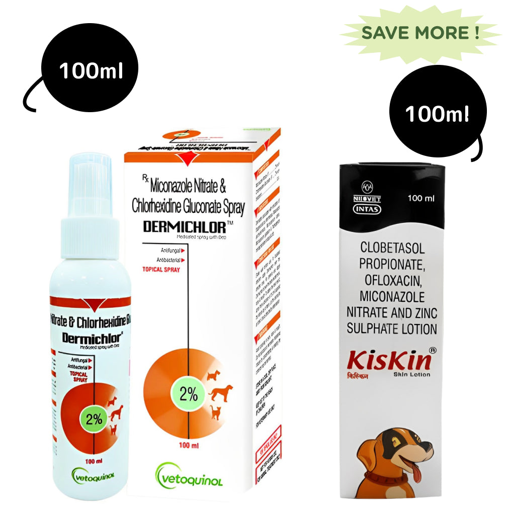 Vetoquinol Dermichlor Spray (100ml) and Intas Kiskin Lotion for Dogs and Cats (100ml) Combo Both-Pharmacy Exclusive Combo 100ml+100ml