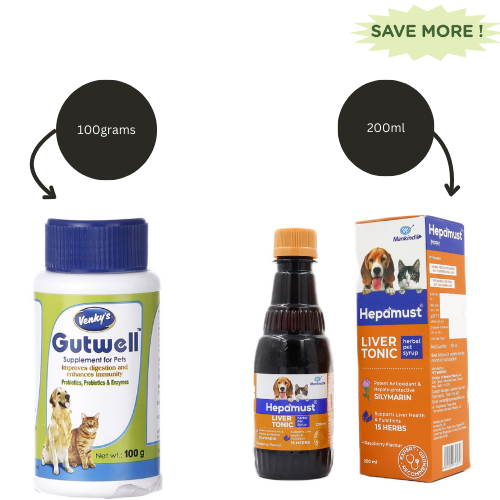 Venkys Gutwell Pre & Probiotics Gut Health Powder (100ml) and Mankind Hepamust Liver Tonic Appetite Booster for Dogs & Cats (200ml) Combo Both-Pharmacy Exclusive Combo 100g+200mL