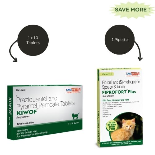 Savavet Kiwof Cat Deworming Tablet (10 tablets) and Savavet Fiprofort Plus (Fipronil) Tick & Flea Control Spot On for Cats Combo Both-Pharmacy Exclusive Combo 1 Strip (10 tablets) + 0.5mL