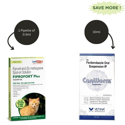 Savavet Fiprofort Plus (Fipronil) Tick & Flea Control Spot On and Vetina Canworm (Fenbendazole) Pet Deworming Suspension 30ml Combo