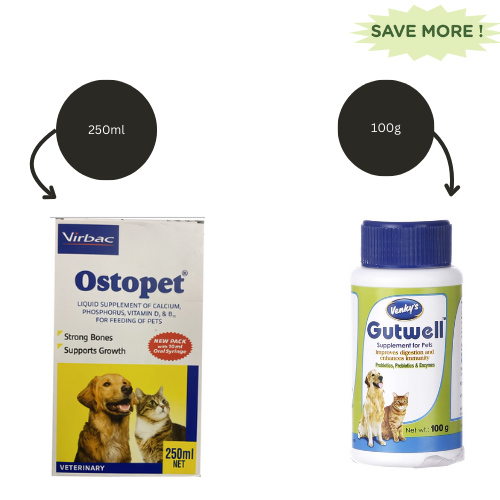 Virbac Ostopet Calcium Supplement Syrup (250) and Venkys Gutwell Pre & Probiotics Gut Health Powder (100ml) for Dogs and Cats Combo Both-Pharmacy Exclusive Combo 250mL + 100g