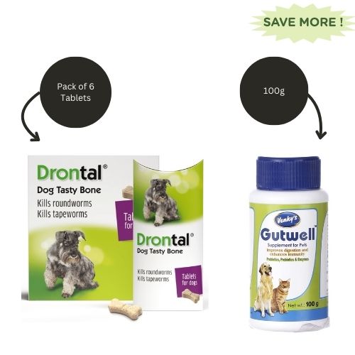 Drontal Plus Tasty Dog Deworming Tablet (pack of 6 tablets) and Venkys Gutwell Pre & Probiotics Gut Health Powder (100g) for Dogs and Cats Combo Both-Pharmacy Exclusive Combo 1 strip (6 tablets )+ 100g