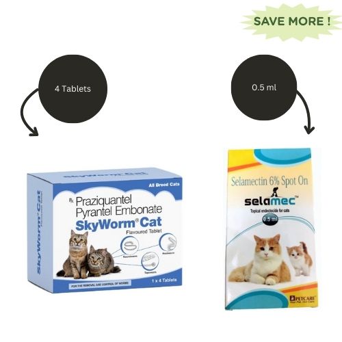 Skyec Skyworm Cat Deworming Tablet (pack of 4 tablets) and Petcare Selamec (Selamectin) Spot On for Cats Combo Cats-Pharmacy Exclusive Combo 1 Strip (4 tablets) + 0.5ml