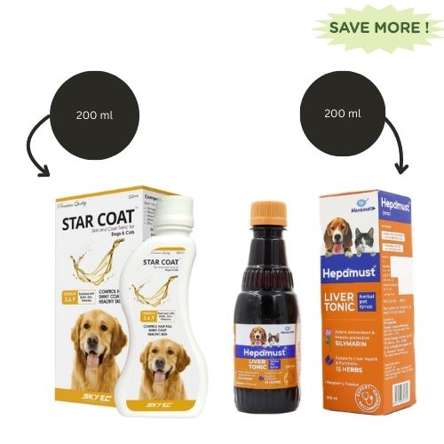 Skyec Star Coat Omega 3 + 6 Syrup (200ml) and Mankind Hepamust Liver Tonic Appetite Booster (200ml) for Dogs and Cats Combo Both-Pharmacy Exclusive Combo 200mL + 200mL