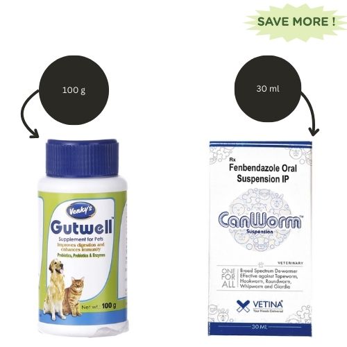 Vetina Canworm (Fenbendazole) Pet Deworming Suspension (30ml) and Venkys Gutwell Pre & Probiotics Gut Health Powder (!00g) for Dogs and Cats Combo Both-Pharmacy Exclusive Combo 30mL + 100g