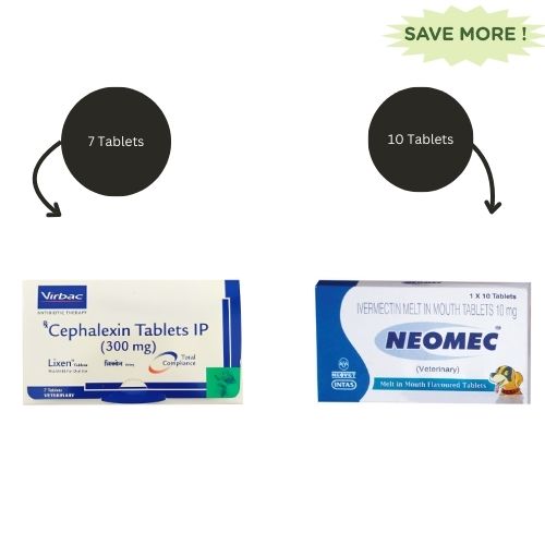 Virbac Lixen Palatab (Cephalexin) 300mg for Dogs (7 tablets) and Intas Neomec (Ivermectin) 10mg Tablets for Dogs Combo Both-Pharmacy Exclusive Combo 7 Tablets + 10 Tablets