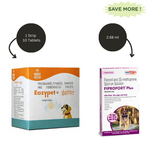 Savavet Fiprofort Plus (Fipronil) Tick & Flea Control Spot On for Dogs (20-40kg) And Intas Eazypet Deworming Tablet (Pack of 10) Combo Dogs-Pharmacy Exclusive Combo 1 Strip (10 tablets) + 2.68mL
