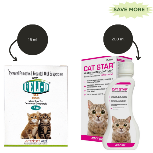 Skyec Cat Star Syrup Multivitamin for Cats (100ml) And Areion Vet Feli D Kitten Deworming Suspension (15ml) Combo Cats-Pharmacy Exclusive Combo 100mL + 15mL
