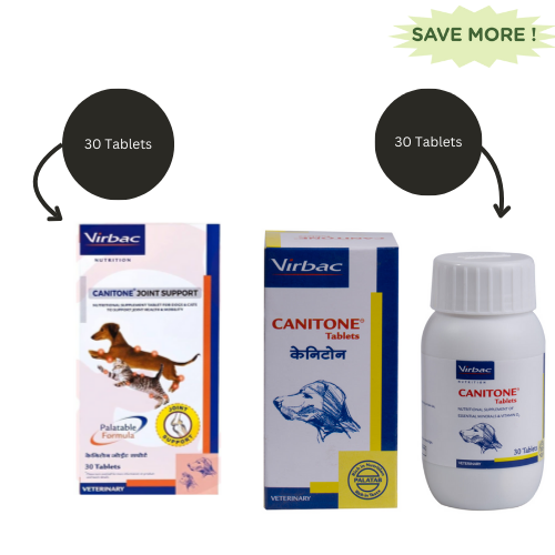 Virbac Canitone Joint Support (Pack of 30 Tablets) And Virbac Canitone Tablets Calcium Supplement for Dogs and Cats (Pack of 30 Tablets) Combo Both-Pharmacy Virbac Pharmacy (30 tablets) + (30 tablets)
