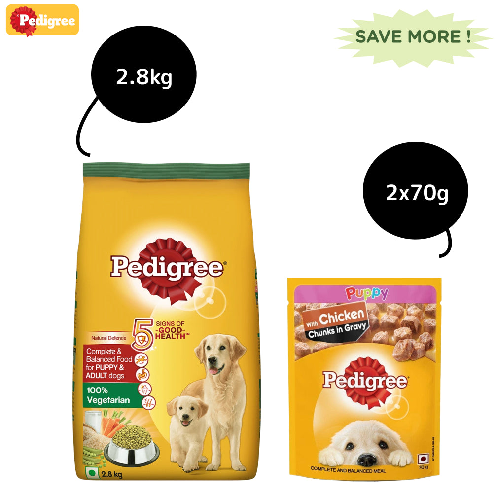 Pedigree 100% Vegetarian Dry and Chicken Chunks in Gravy Wet Puppy Dog Food Combo