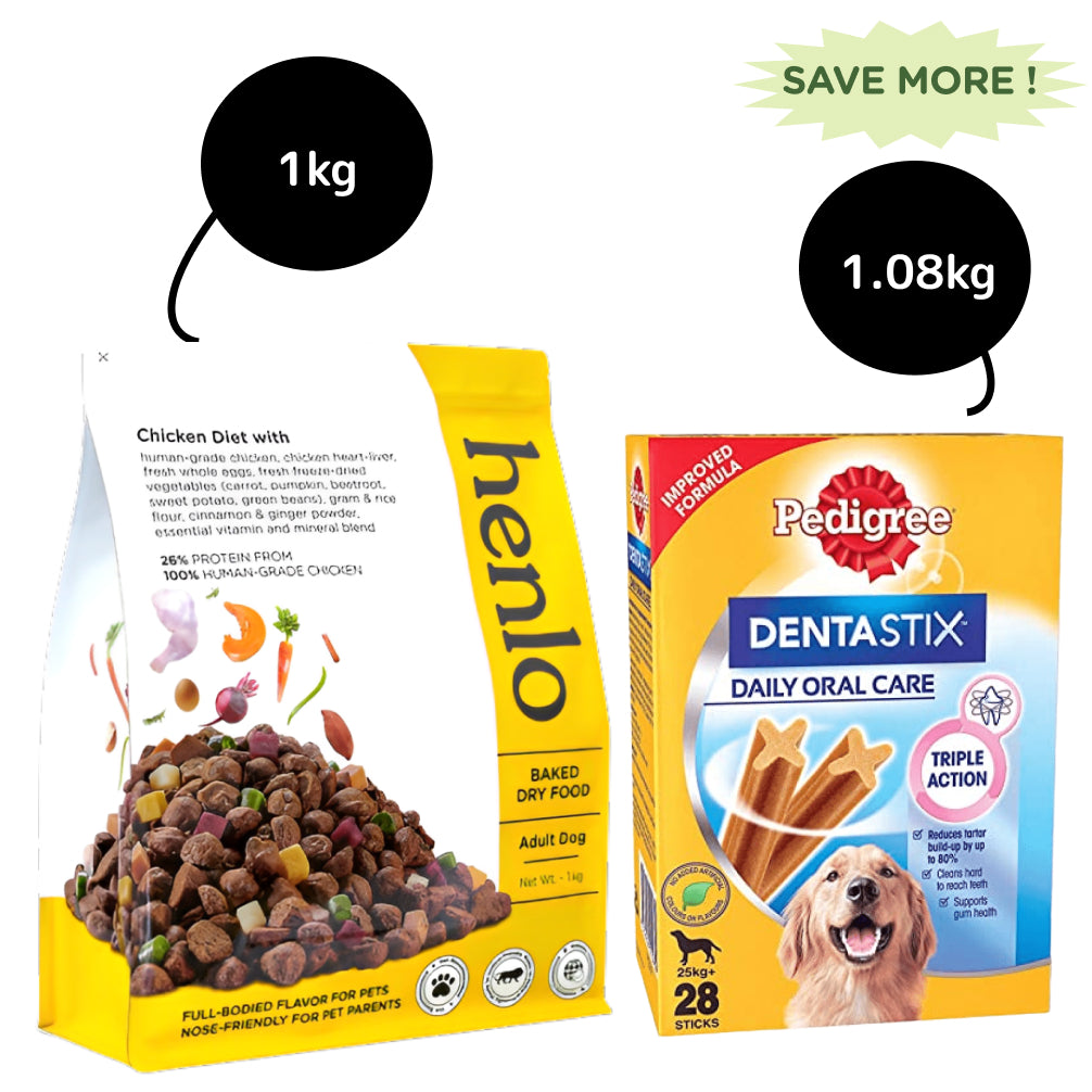 Henlo Baked Adult Dry Food and Pedigree Dentastix Oral Care for Adult Dog Treats Combo