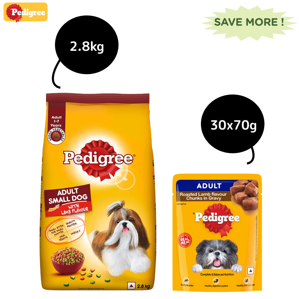 Pedigree Lamb & Veg and Roasted Lamb Flavour Chunks in Gravy Adult Dry and Wet Food Combo