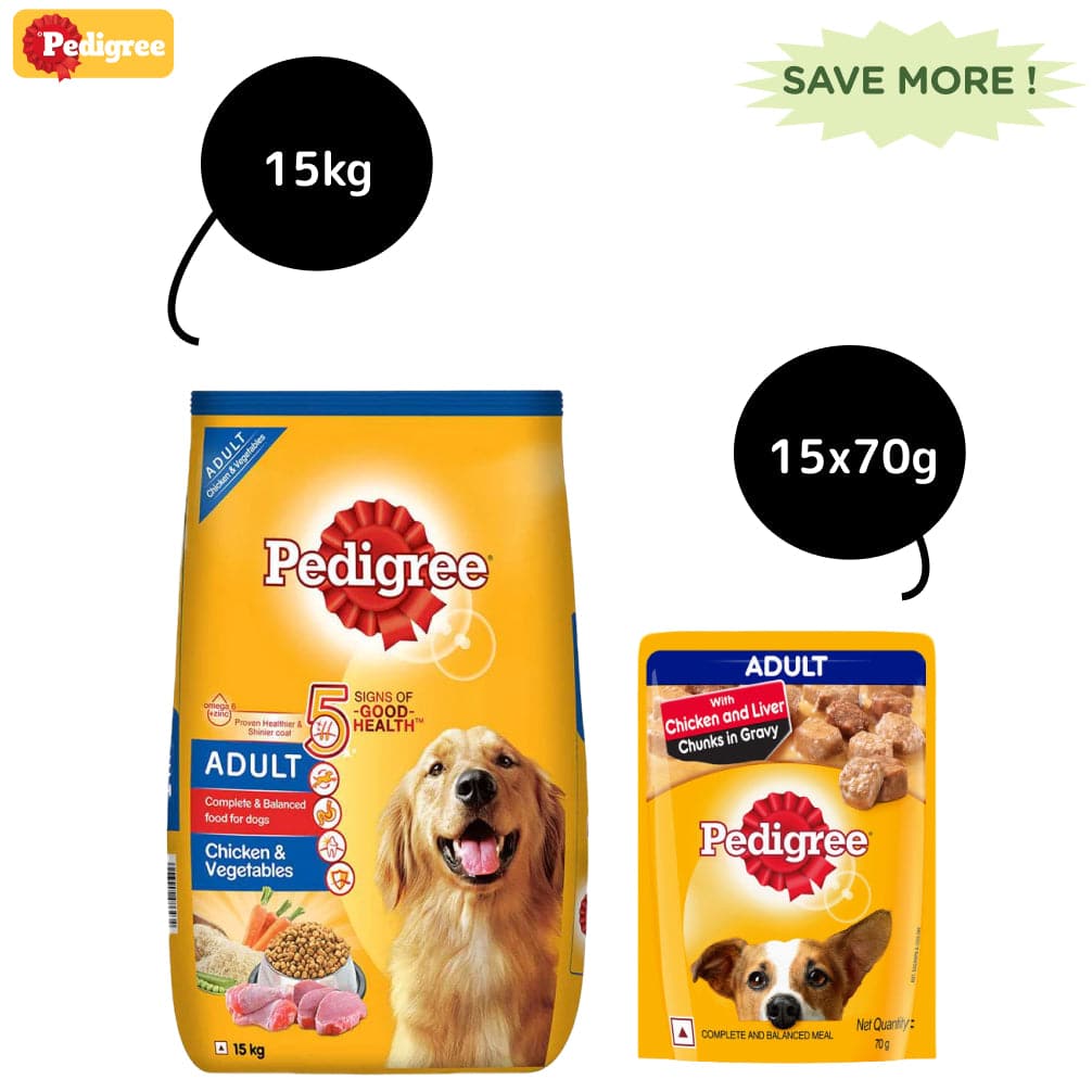 Pedigree Chicken and Vegetables Dry and Chicken and Liver Chunks in Gravy Wet Adult Dog Food Combo