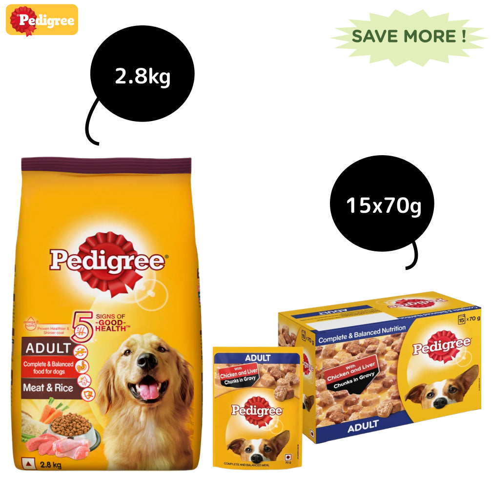 Pedigree Meat & Rice and Chicken and Liver Chunks in Gravy Adult Dry and Wet Food Combo