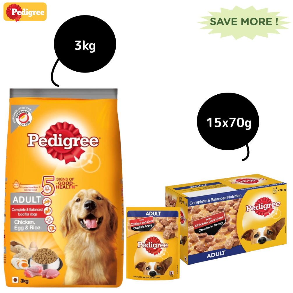 Pedigree Chicken, Egg and Rice and Chicken and Liver Chunks in Gravy Adult Dry and Wet Food Combo