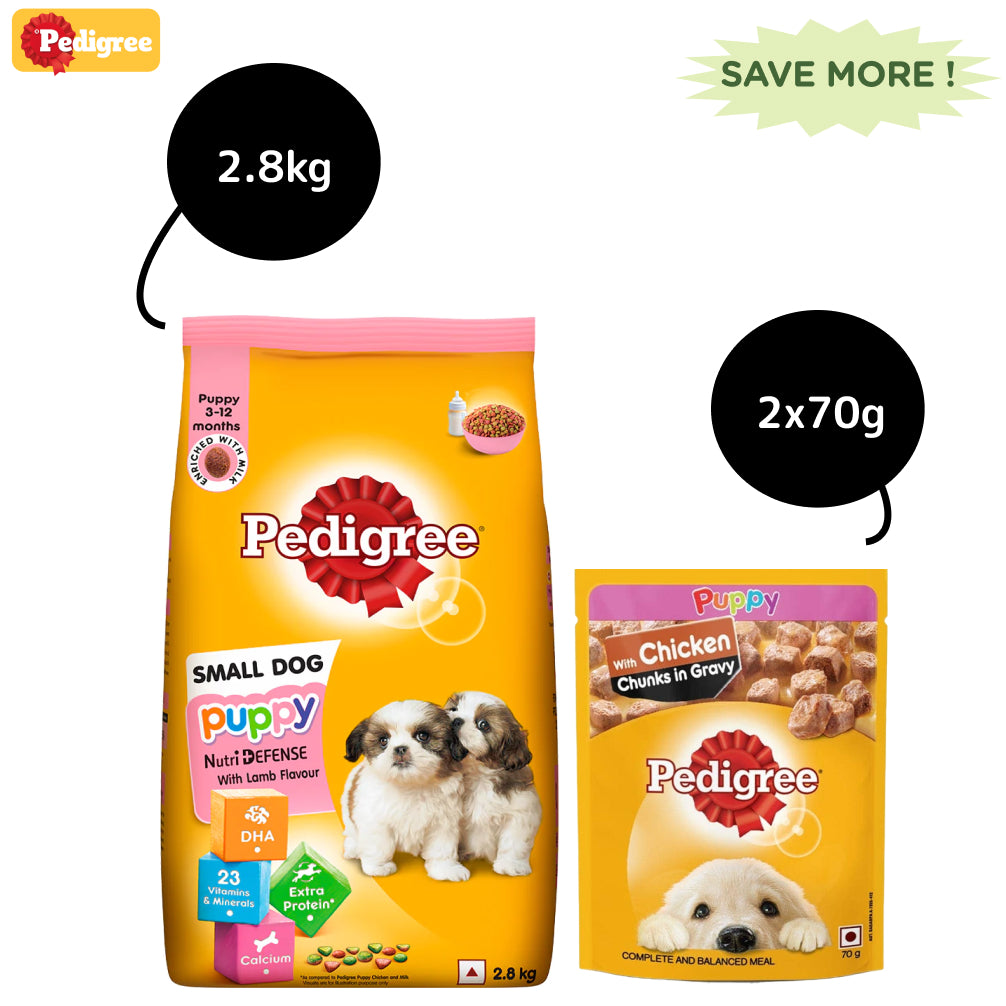 Pedigree Lamb & Milk Dry and Chicken Chunks in Gravy Wet Puppy Food Combo