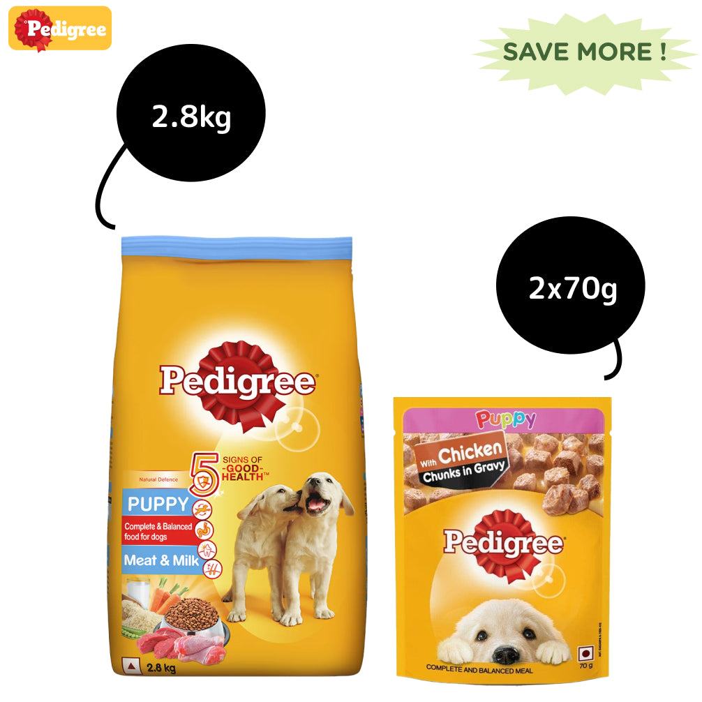 Pedigree Meat & Milk Dry and Chicken Chunks in Gravy Wet Puppy Food Combo