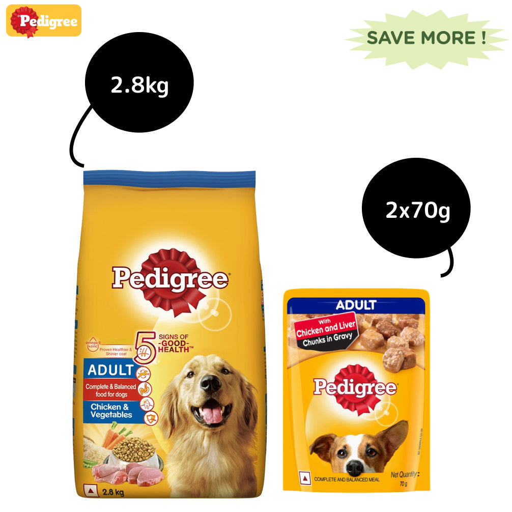 Pedigree Chicken and Vegetables Dry and Chicken and Liver Chunks in Gravy Wet Adult Dog Food Combo