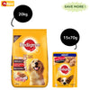 Pedigree Meat & Rice Dry and Chicken and Liver Chunks in Gravy Wet Adult Dog Food Combo Exclusive Combo Pedigree 20kg + 15x70g