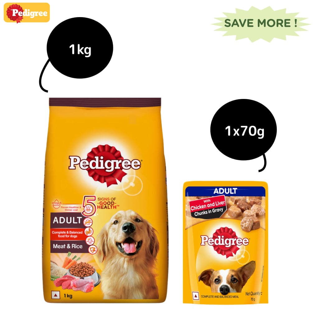 Pedigree Meat & Rice Dry and Chicken and Liver Chunks in Gravy Wet Adult Dog Food Combo