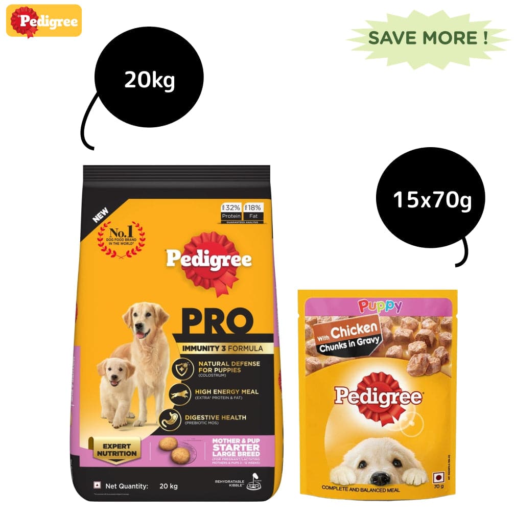 Pedigree PRO Expert Nutrition Lactating/Pregnant Mother & Puppy Starter Large Breed Dog Dry and Chicken Chunks in Gravy Puppy Wet Food Combo Exclusive Combo Pedigree PRO 20kg + 15x70g
