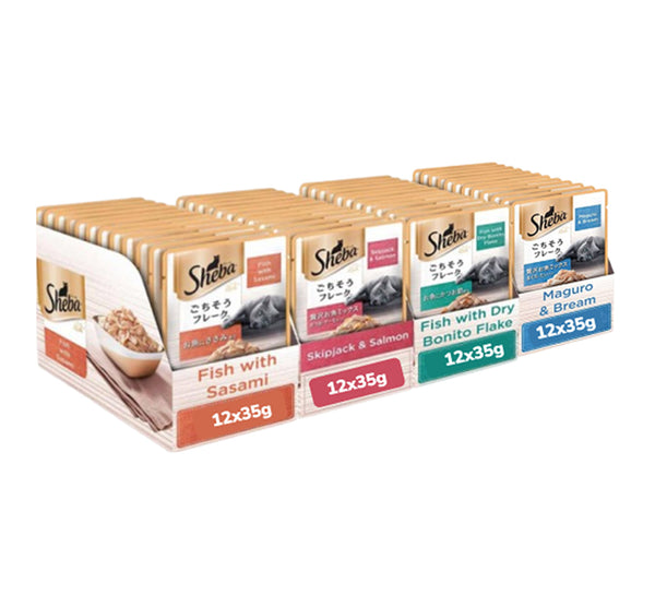 Sheba Fish with Dry Bonito Flake, Skipjack & Salmon Fish, Maguro & Bream Fish Mix and Fish with Sasami Cat Wet Food Combo