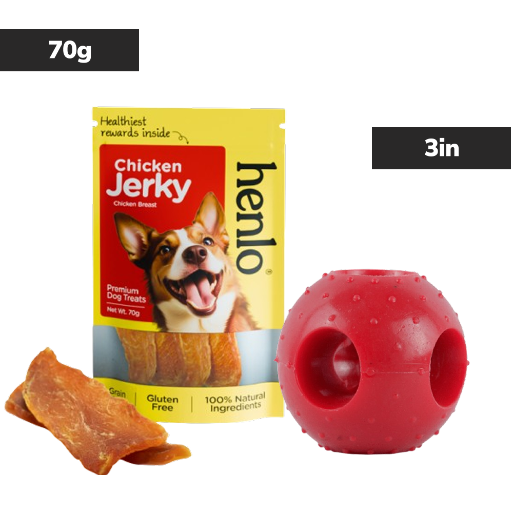 Drools Non-Toxic Rubber Hole Ball Toy & Henlo Chicken Jerky Treats | High-Protein, Guilt-Free Dog Combo Exclusive Combo Exclusive Combo 70g+3in