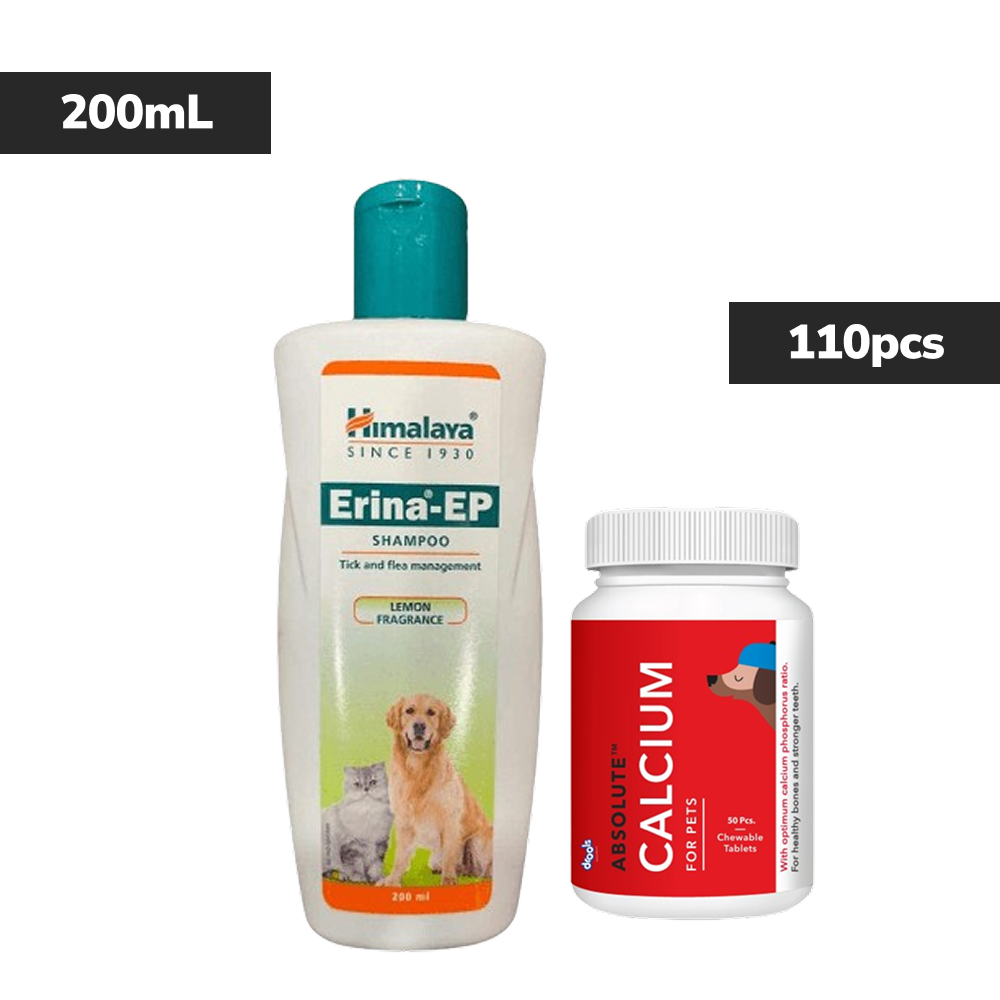 Himalaya Erina EP Tick & Flea Shampoo with Drools Absolute Calcium Supplement Tablets Dog Combo Exclusive Combo Exclusive Combo 200mL+110pcs